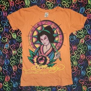 Ed Hardy Orange Kids Tee with Artistic Graphic
